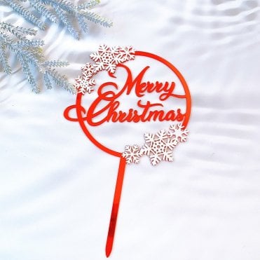 Merry Christmas Acrylic Red Snowflake Circle Cake Topper - Style 18