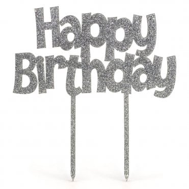 Acrylic Silver Glitter Cake Topper - Happy Birthday - H147mm x W160mm