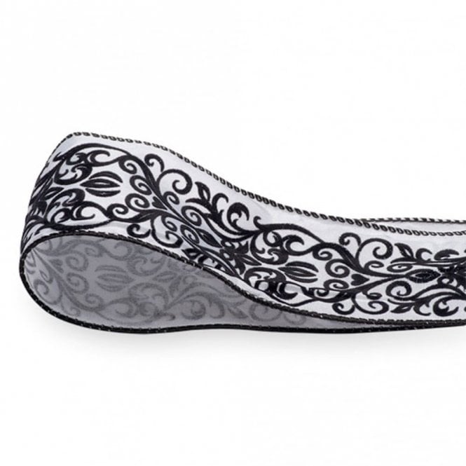 Club Green Flock Print Ribbon Black/White Suede Wired Edge 65mm x 10M