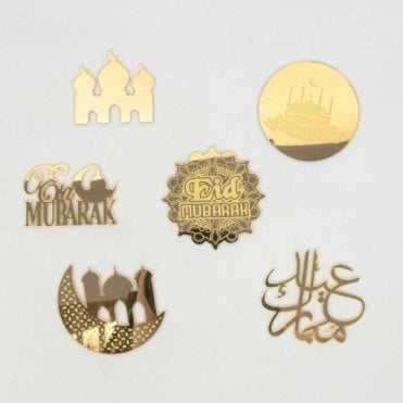 Eid Mubarak Gold Acrylic Mixed Design Cupcake Toppers (6pcs)