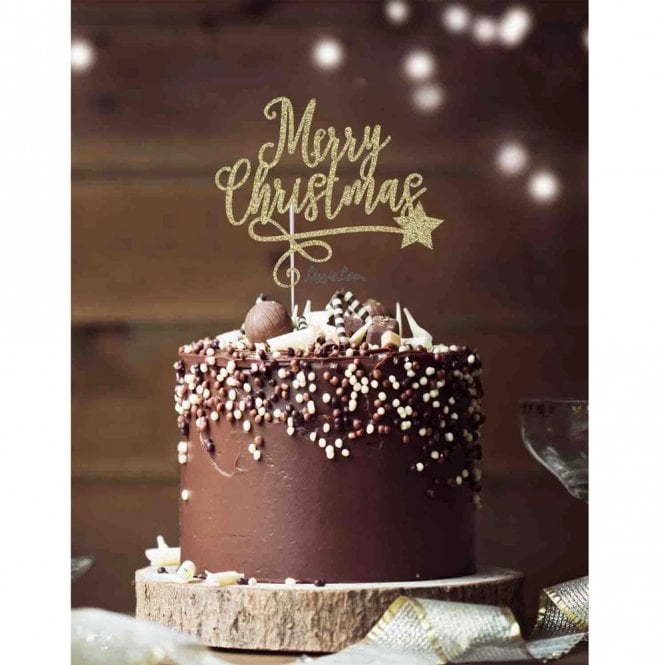 LissieLou Merry Christmas with Swirl and Star Cake Topper Glitter Card Gold