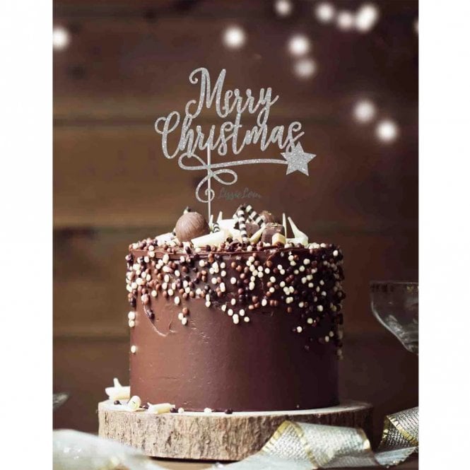 LissieLou Merry Christmas with Swirl and Star Cake Topper Glitter Card Silver