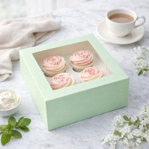 Mint Premium Cupcake Box with Window & Insert - Holds 4 Cupcakes