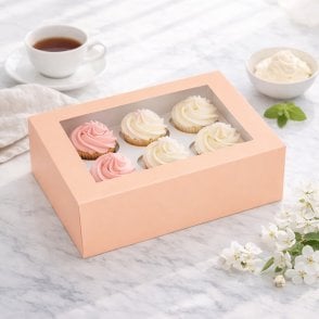 Peach Premium Cupcake Box with Window & Insert - Holds 6 Cupcakes