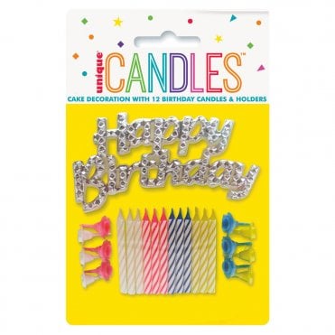 Striped Birthday Candles With Holders and Happy Birthday Cake Topper